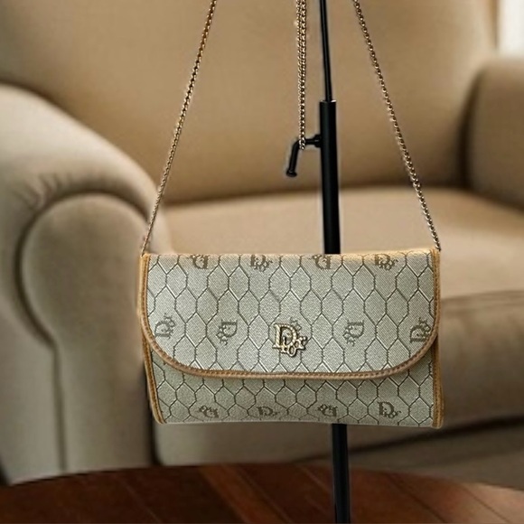 Dior Beige Vintage Honeycomb Canvas Chain Crossbody Bag - Picture 1 of 14